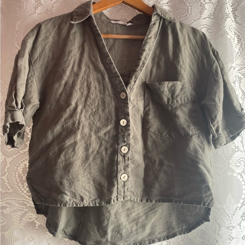MOD REF 100% Linen Juniors Top Olive Cropped Top Half Sleeves Lagenlook
